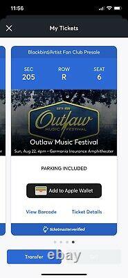 2 Tics, Outlaw Music Festival Tickets, Austin TX, 8/22. Nelson, Stapleton, more