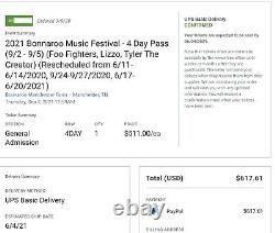 2021 Bonnaroo Music Festival 4 Day Pass Gen. Admin. 9/2-9/5 2021