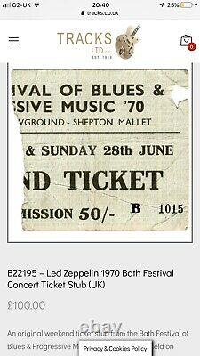 Bath Festival 1970 Weekend Ticket Led Zeppelin, Pink Floyd, Frank Zappa