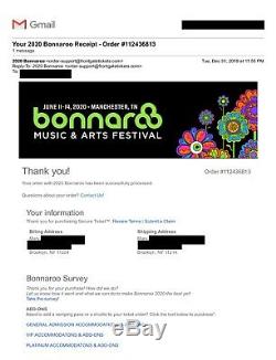 Bonnaroo 2020 Music Festival (FOUR) 4-day GA Passes plus (ONE) Car Camping Pass