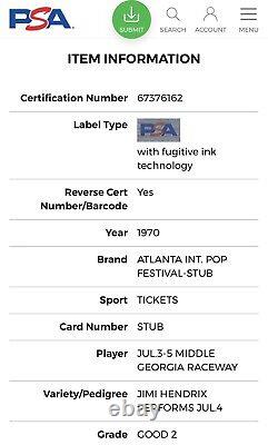 Jimi Hendrix Atlanta International Pop Festival 1970 Concert Ticket Pop1? Psa 2