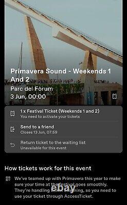 PRIMAVERA SOUND 2022 WEEKENDS 1 & 2 1x Ticket, Music festival, Spain, EUROPE