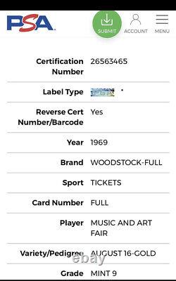 Rare Unused? $8.00 Gold Ticket, Psa Mt-9woodstock Music Festival 1969, Hendrix